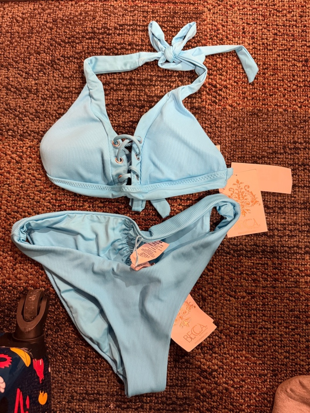 BECCA Light Blue Ribbed Lace-Up Halter Bikini